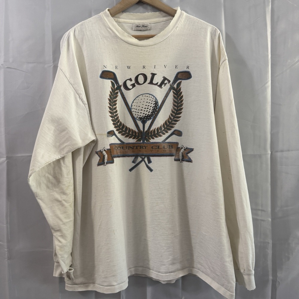 Vtg New River Golf Country Club Trashed Long Sleeve Single Stitch Shirt Mens XXL